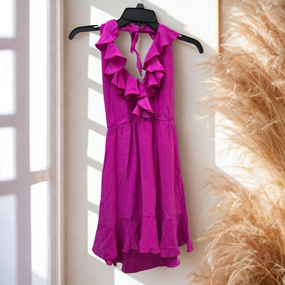💖 Amanda Uprichard Fuchsia Ruffle Halter Dress – XS Satin Cocktail Style